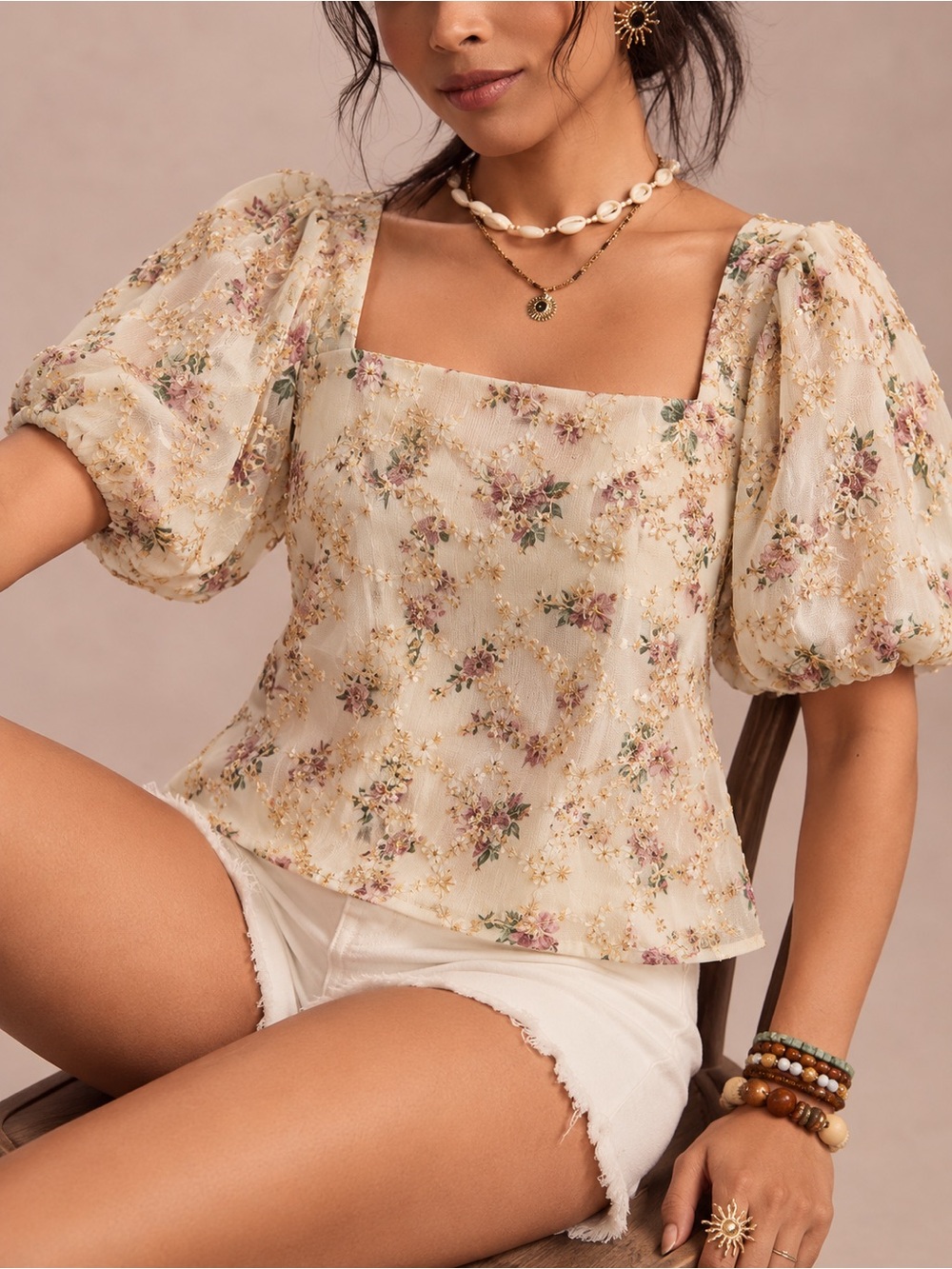 Chicwish Ivory Floral Gold Embroidered Blouse Romantic Cottagecore Top